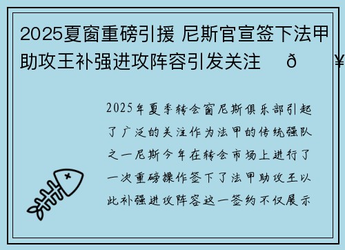2025夏窗重磅引援 尼斯官宣签下法甲助攻王补强进攻阵容引发关注 ⚽🔥