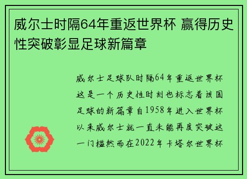 威尔士时隔64年重返世界杯 赢得历史性突破彰显足球新篇章