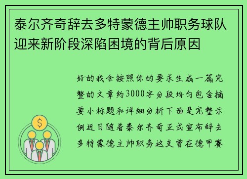 泰尔齐奇辞去多特蒙德主帅职务球队迎来新阶段深陷困境的背后原因