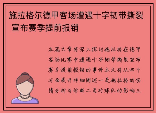 施拉格尔德甲客场遭遇十字韧带撕裂 宣布赛季提前报销